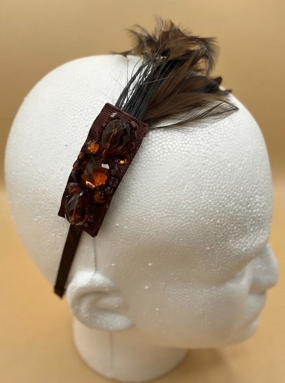 Brown Rhinestone Jewel Feather Headband Fascinator Cocktail Hair Accessory